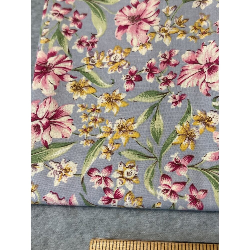 Floral Cotton Fat Quarter Fabric 18x22" Blue Background Pink Yellow Flowers